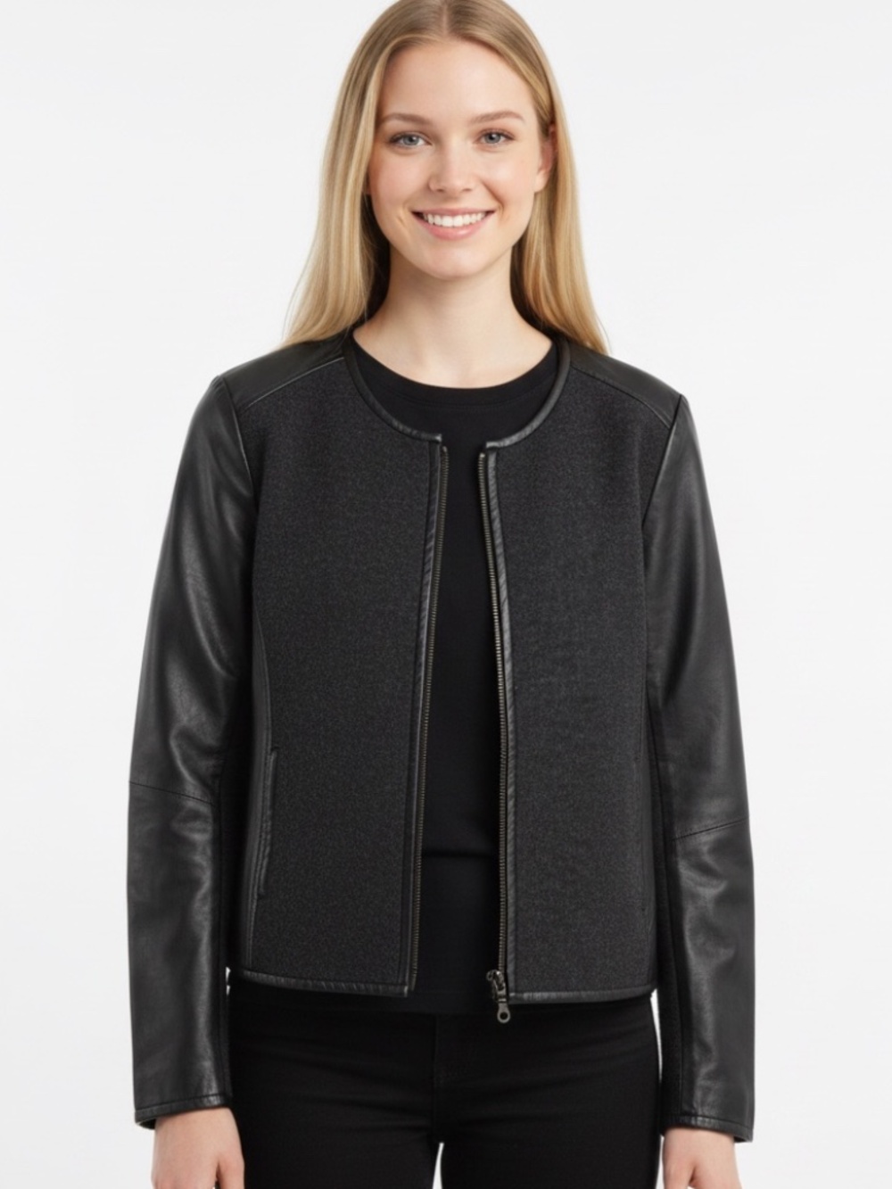 Eileen Fisher Black Mixed Media Leather Wool Zip Up Jacket Size M